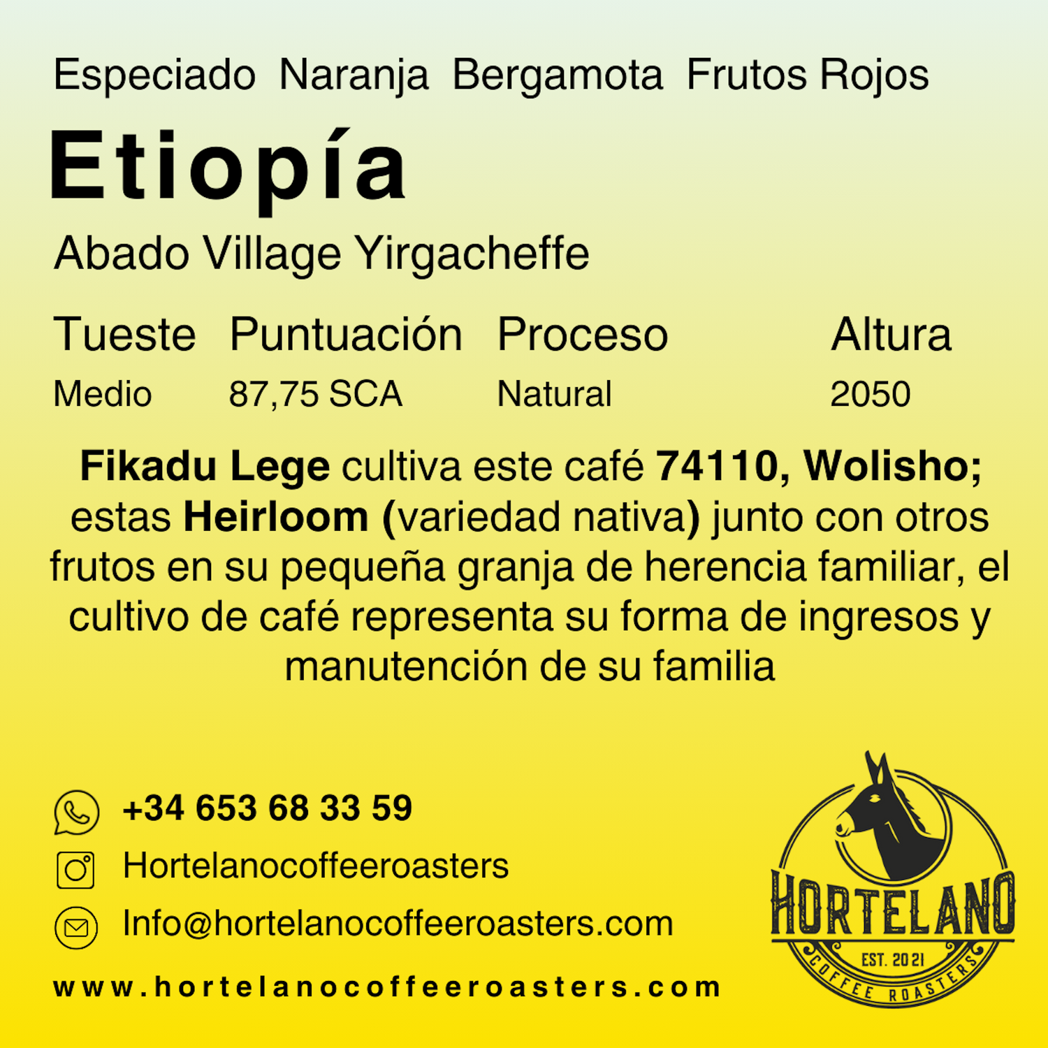 Café de Etiopía – Fikadu Lege, Yirgacheffe (Microproducción) | Hortelano
